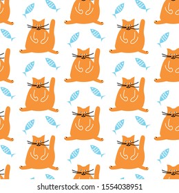 Fun pattern. Cute domestic typography print with fat orange cat and fish. Doodle style elements, hand drawing illustration. Fat pet animal . Scandinavian style drawing. Isolated cartoon character