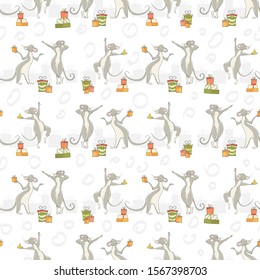 Fun pattern with dancing mice and gift boxes. Can be used for greeting cards, invitations, banners.