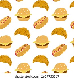 Motif amusant représentant des burgers, des hot-dogs et des croissants sur fond blanc