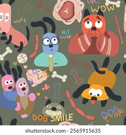 Fun pattern with hand drawn cartoon dogs, bones, paws and dog food. Seamless cute pattern with animals. Vector illustation.