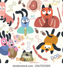 Fun pattern with hand drawn cartoon dogs, bones, paws and dog food. Seamless cute pattern with animals. Vector illustation.