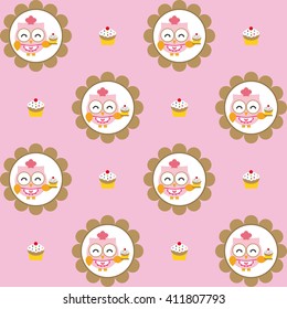 Fun pattern with pastry chef owl and chocolate cupcakes on pink background