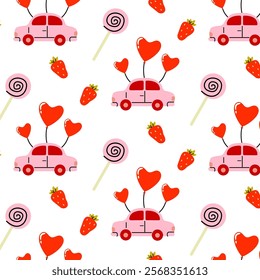 Fun pattern of pink cars with balloons, strawberries, and lollipops in a cheerful design