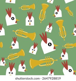 Fun pattern of roosters and golden trumpets on green background. Great for kid’s products, musical themes, or whimsical merchandise.