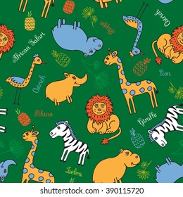 A fun pattern of sketches of African animals. Wild animals, birds and plants depicted on a green background.