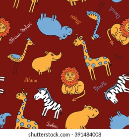 A fun pattern of sketches of African animals. Wild animals are depicted on a dark background.