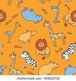 A fun pattern of sketches of African animals. Wild animals are depicted on a yellow background.