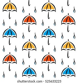 Fun pattern with umbrellas and rain on white background hand drawn