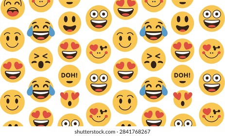 Fun pattern of yellow emoji faces showing various emotions including laughter, love, shock, and happiness on a white background.