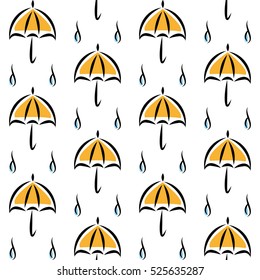 Fun pattern with yellow umbrellas and rain on white background hand drawn