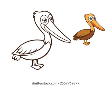 "Fun pelican coloring page featuring a large bird with a big beak, perched near water. Perfect for kids to explore creativity with colors and learn about wildlife!"