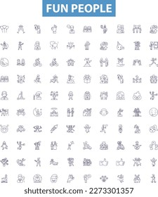 Fun people line icons, signs set. Mirthful, Amusing, Cheerful, Joyful, Vivacious, Blithe, Lighthearted, Comical, Exuberant outline vector illustrations.