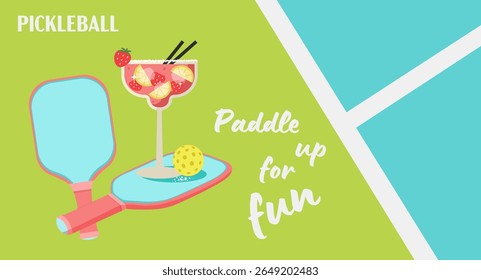 Banner de pickleball divertido com margarita e paddles. Ilustração colorida para festa de verão, convite de evento, promoção de clube de praia, ou jogo de fim de semana relaxante com coquetéis e amigos