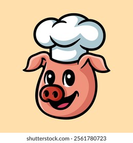 fun pig chef head cartoon character isolated colored drawing line art style sketch classic vintage design illustration