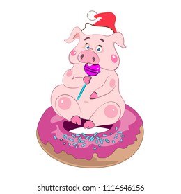 Fun pig in a Christmas cap riding, piglet, a symbol of Chinese New Year, vector illustration