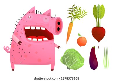 Fun Pig Eating Smart Vegetables Isolated. Vegetables dieting fat pig healthy happy smiling.