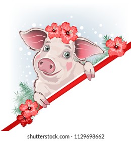 Fun pig with flowers, beautiful piglet, vector illustration