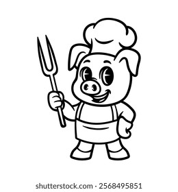 fun pig grill chef cartoon character isolated drawing line art style sketch classic vintage design illustration