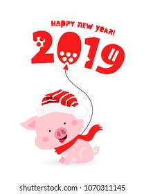 Fun pig in a red Christmas hat with a balloon. Happy New Year. Chinese symbol of the 2019 year. Excellent festive gift card. Vector illustration on white background. Lettering.