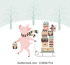 The fun pig with striped scarf and patterned christmas presents on the sledge on the snow background with winter trees. Vector background.