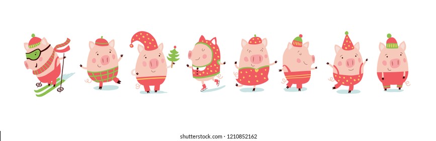 Fun pigs. Set of Christmas symbols in 2019.
