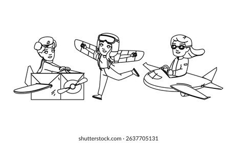 fun pilot kid girl vector. plane dream, travel adventure, success box fun pilot kid girl character. people black line pencil drawing illustration