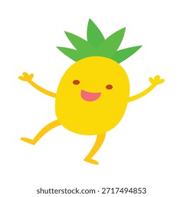 Fun pineapple character dancing happily neon yellow body flat illustration ideal for tropical themes parties branding and lively visuals