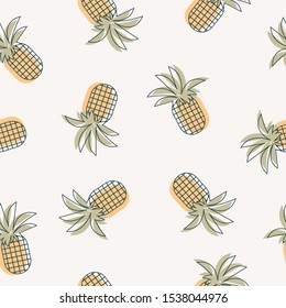 Fun pineapple in color and outline seamless repeat pattern.