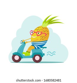 Fun pineapple ride on a scooter. Vector illustration.