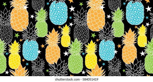 Fun Pineapples Vector Repeat Seamless Pattrern in Black, Blue, Orange and Green Colors. great for fabric, packaging, wallpaper, invitations.