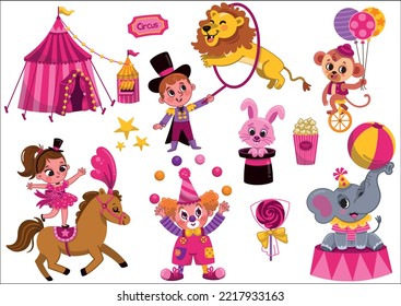 Fun Pink Circus Vector Illustration Set For Kids.