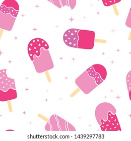 Fun pink colored popsicle ice cream seamless pattern, happy repeat background with stars and dots - great for summer themed fabrics and textiles, seasonal prints, girly wallpapers, invitations