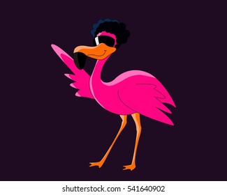 A fun pink disco flamingo with sunglasses and an Afro hairstyle dancing
