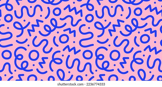 Fun pink line doodle seamless pattern. Creative abstract squiggle style drawing background for children or trendy design with basic shapes. Simple childish scribble wallpaper print. - Shutterstock ID 2236774333