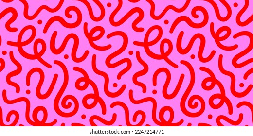 Fun pink line doodle seamless pattern. Creative abstract squiggle style drawing background for children or trendy design with basic shapes. Simple childish color scribble wallpaper print.