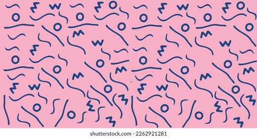Fun pink line doodle seamless pattern. Creative abstract squiggle style drawing background for children or trendy design with basic shapes. Simple childish scribble wallpaper print.