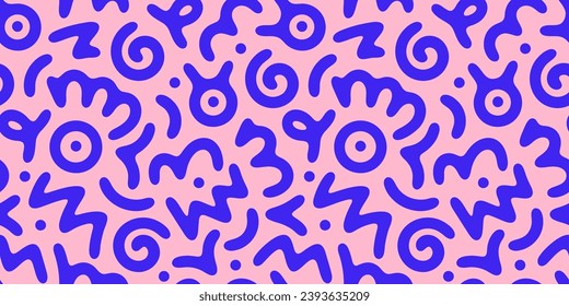 Fun pink line doodle seamless pattern. Creative abstract squiggle style drawing background for children or trendy design with basic shapes. Simple childish scribble wallpaper print.