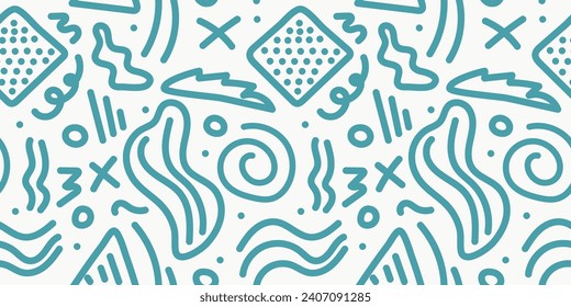 Fun pink line doodle seamless pattern. Creative abstract squiggle style drawing background for children or trendy design with basic shapes. Simple childish scribble wallpaper print.
