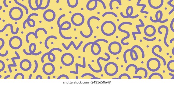 Fun pink line doodle seamless pattern. Creative abstract squiggle style drawing background for children or trendy design with basic shapes. Simple childish scribble wallpaper print golden base