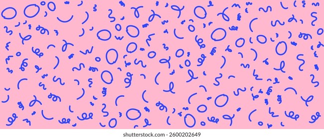Fun pink line doodle seamless pattern. Creative abstract squiggle style drawing background for children or trendy design with basic shapes. Simple childish scribble wallpaper print.