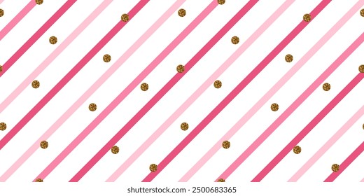 Fun pink pattern with oblique stripes. Metallic gilded confetti. Simple girly backdrop. Birthday background. Design for cards, wedding parties, invitations, packaging, textiles, and surface design.	