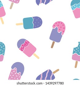 Fun pink and violet colored popsicle ice cream seamless pattern, happy repeat background with stars and dots - great for summer themed fabrics and textiles, seasonal prints, wallpapers, invitations