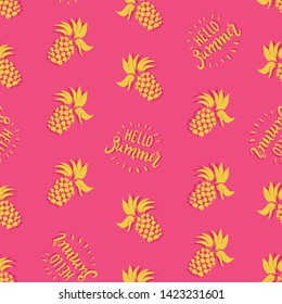 Fun pink and yellow pineapples vector pattern background with Hello Summer Type. Great as a summer textile print, party invitation or packaging. Surface pattern design.