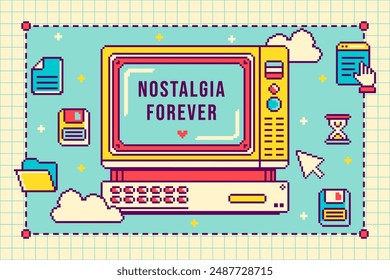 Fun Pixel art style computer screen as frame for message. Nostalgia UI or technology concept. Retro desktop icons and window interface with copy space. Cheerful 90's aesthetic template