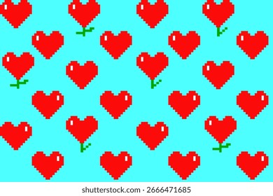 Fun pixel heart balloon seamless pattern with blue background, ideal for playful Valentine’s Day designs, fabrics, gift wraps, and retro digital art.