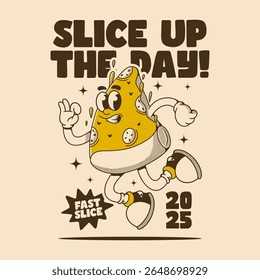 A fun pizza character running with excitement and style
