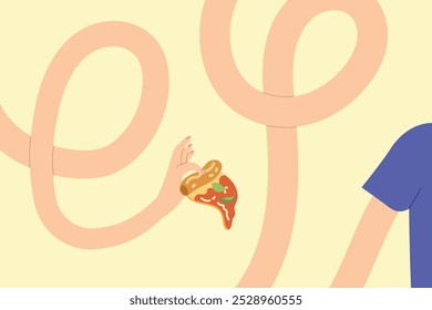 Fun pizza slice illustration with playful, looping arms for media design. Whimsical and modern hand drawn vector elements. Trendy flat art for posters, social media, or creative projects