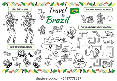 A fun placemat for kids. Printable the “Travel to Brazil” activity sheet with a labyrinth, find the differences and find the same ones. 17x11 inch printable vector file	