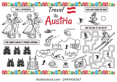 Un mantel divertido para los niños. Imprimible a “Viaje a Austria” hoja de actividades con un laberinto, encontrar las diferencias y encontrar las mismas. Archivo de Vector imprimible de 17x11 pulgadas