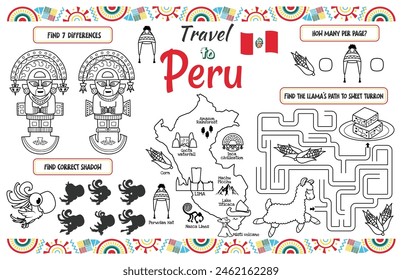 Ein lustiger Platzhalter für Kinder. Druckbares Aktivitätsblatt "Reise nach Peru" mit einem Labyrinth und finde die Unterschiede. 17 x 11 Zoll bedruckbare Vektorgrafik